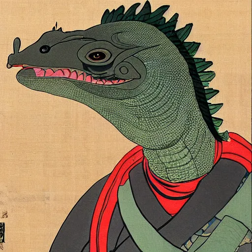 Image similar to a painting of a komodo dragon wearing samurai garb and a ronin straw hat in an ukiyo e style