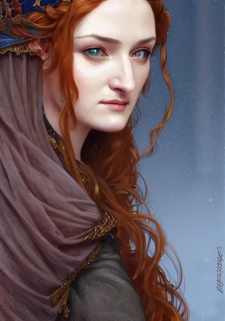Image similar to portrait of sansa stark with crown, intricate, elegant, highly detailed, digital painting, artstation, concept art, smooth, sharp focus, illustration, art by artgerm and greg rutkowski and alphonse mucha and william - adolphe bouguereau