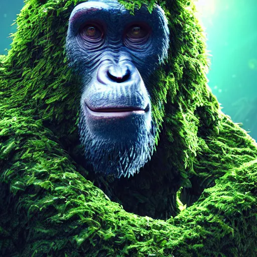 Image similar to cinema 4D colorful render, utopian jungle in space , planet of the apes, old decaying statue of ape from a far distance , a detailed zoned in human anatomy veins, nature, heavy green, dramatic lens flares, apes hanging from vines, a evil dark sun , depth field, unreal engine, sharp, incredible detail, professional composition, quality digital art, 4k, 4k concept art and hyper realism