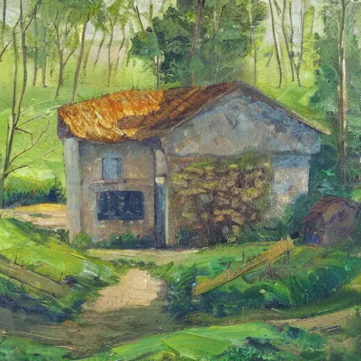 Image similar to house in the countryside on a sunny day, forest, detailed, peaceful, brush strokes, oil painting