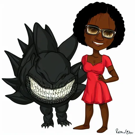 Image similar to Dark skinned woman holding pet chibi Godzilla, portrait, Highly Detailed