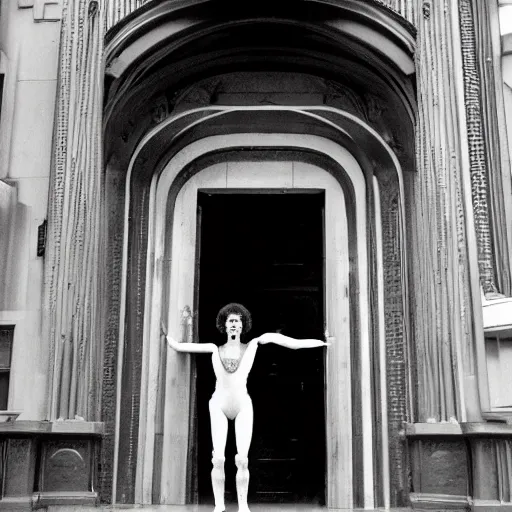 Image similar to detailed professional photographic portrait of Sigourney Weaver as ripley wearing a white singlet and her cat Jonesy moving apartment New York City 1983, gothic building entrance way Art Deco light style of H.R. Giger, cinematic feel, high octane