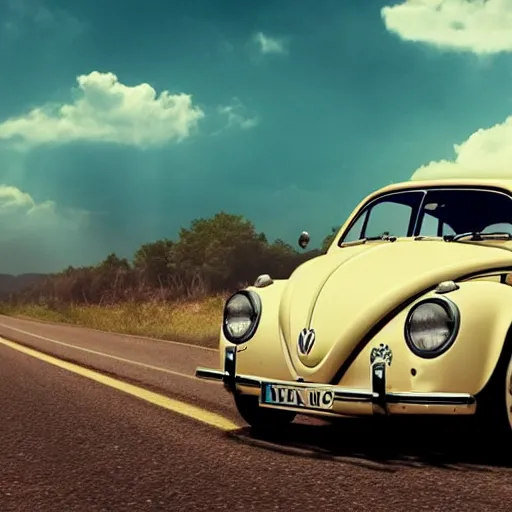 Prompt: promotion movie still of a ( volkswagen beatle ) car is a hybrid of an insect lady bug. the hybrid is racing down a dusty back road. cinematic, 4 k, imax, 7 0 mm