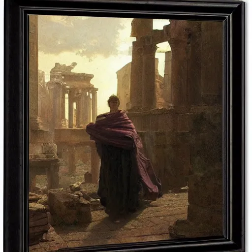 Image similar to half portait of magican wearing a closed cowl and carrying big old book! jeremy mann, jean leon gerome, tiepolo, alphonse mucha, greg rutkowski, face in the shadows, ( ( ruins of ancient rome ) ), at dusk, mysterious atmosphere, sunrays, dof, masterpiece, high detailed, 8 k