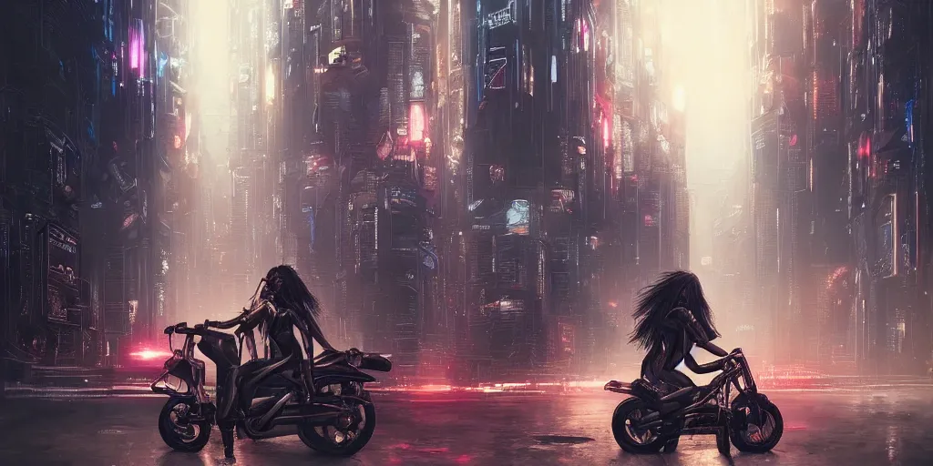 Prompt: portrait of a young beautiful cyberpunk woman on a motorbike driving away down the a street of a cyberpunk city neuromancer, megacity, gorgeous view, depth, high detail, digital art, painted by greg rutkowski & seb mckinnon, trending on artstation