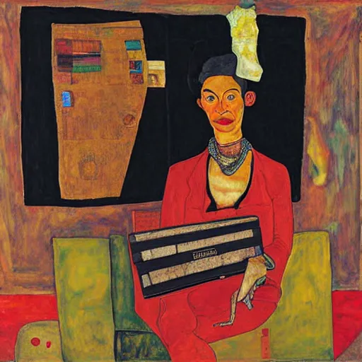 Image similar to Moodymann browsing a crate of records, oil on canvas, by Egon Schiele, Otto Dix, Frida Kahlo