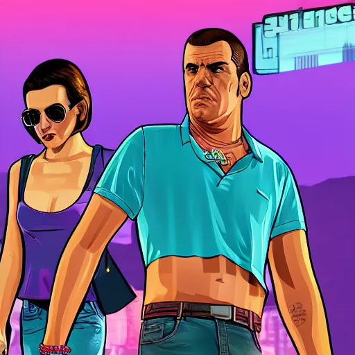 Prompt: 8 k uhd gta 5 back to vice city stories cover, uhd character details