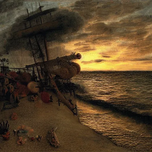 Image similar to sunset on the beach, by giuseppe arcimboldo,