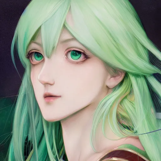 Prompt: girl with long light green hair, light green eyes, a small pigtail on the left side, chinese dress, anime style, hyper detailed, illustration, digital painting, art by artgerm and greg rutkowski and alphonse mucha, high delicate defined details, anime stylized, highly detailed, realistic, sharp focus, artstation