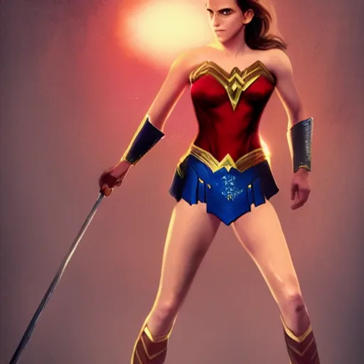 Image similar to full body portrait concept art of emma watson as wonder women, art station, trending, illustration, digital art, hero art, deviant art, hd, 8 k, unreal engine 5 render