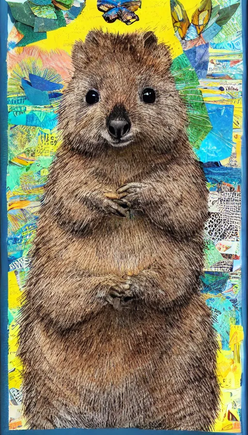 Image similar to detailed illustration, a portrait of a happy quokka on rotttnest island constructed from colored paper, collage, may gibbs, layered composition, layers, texture, textured, layered, sculpted, dynamic, 🦋, 🌱,