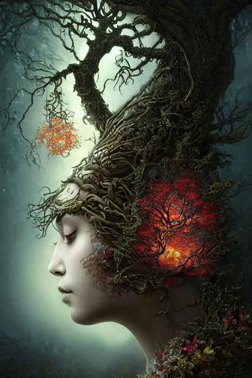 Prompt: a stunning ultra detailed fantasy fine art portrait of a tree goddess connected to sinuous barren trees, lit by glowing fireflies, surrounded by blooming hibiscus and jasmine, misty night, very detailed, sharp focus, 8 5 mm lens, soft ethereal lighting, artstation, 8 k, by tomasz alen kopera, igor morski and natalie shau