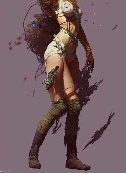 Image similar to portrait of a full body of beautiful young female solarpunk adventurer, fantasy, flat lighting, intricate, highly detailed, digital painting, artstation, concept art, smooth, sharp focus, illustration, art by simon bisley and greg rutkowski and alphonse mucha, natural tpose