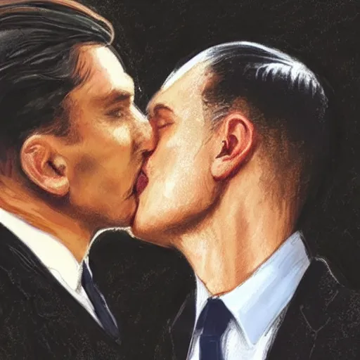 Image similar to benjamin netanyahu kissing tommy shelby, photorealistic, detailed