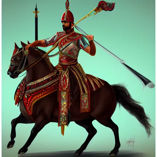 Prompt: persian cataphract on horseback with a spear, trending on artstation