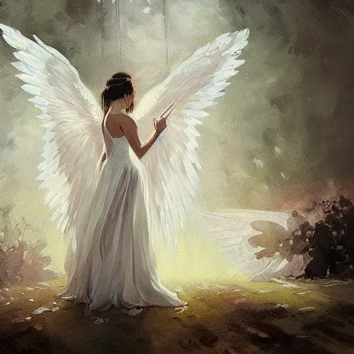 Image similar to Painting by Greg Rutkowski, an opera singer in a white dress with wings on stage