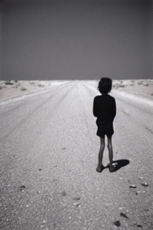 Image similar to photo polaroid of sad and lonely child in the middle of the street, sahara desert, loneliness, black and white ,photorealistic, 35mm film,