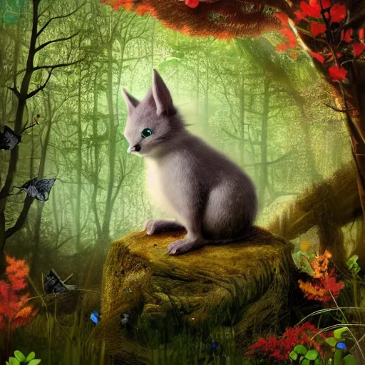 Image similar to multicolor drawing of cute creature sits in the dark forest by ray caesar created at modern world in 4 k ultra high resolution, with inspiring feeling