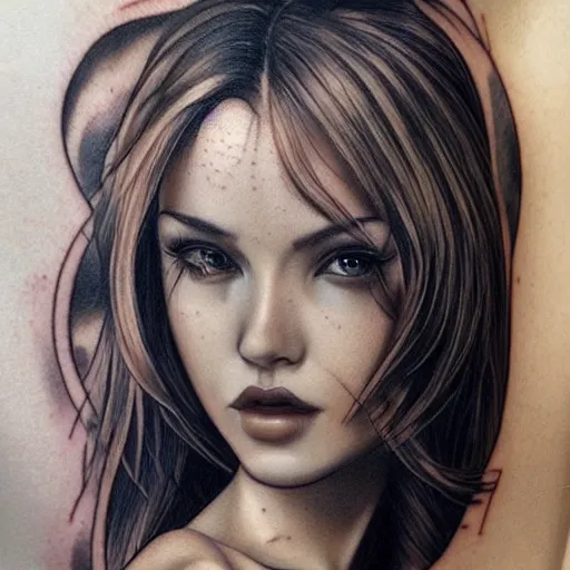 Image similar to tattoo design, beautiful portrait of a girl looking up and to the right by artgerm, artgerm