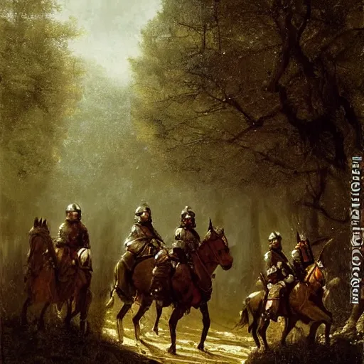 Image similar to a small group of medieval european knights are riding in a column through a dark wood along a small stream, highly detailed, digital painting, sharp focus, by alber bierstadt greg rutkowski