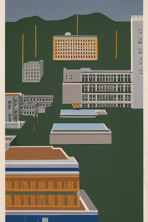 Prompt: scene from wes anderson factory building by helen lundeberg