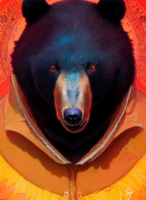 Prompt: portrait of anthropomorphic asian black bear, colorful, highly detailed, digital painting, artstation, concept art, smooth, sharp focus, illustration, art by artgerm and greg rutkowski and alphonse mucha