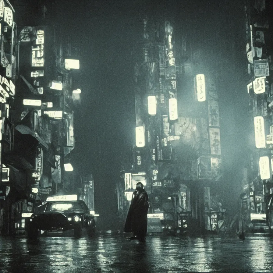 Prompt: duel, clint eastwood vs takeshi kitano in blade runner 1982 by Ridley Scott posing on a neon rainy vague street in headlights, movie shot, detailed, by Sergio Leone