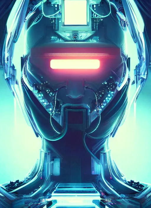 Image similar to symmetry!! film still establishing shot of the technological singularity, sci - fi -, cyberpunk, blade runner, glowing lights, tech, biotech, techwear!! intricate, elegant, highly detailed, digital painting, artstation, concept art, smooth, sharp focus, blur, short focal length, illustration, art by artgerm and greg rutkowski and alphonse mucha