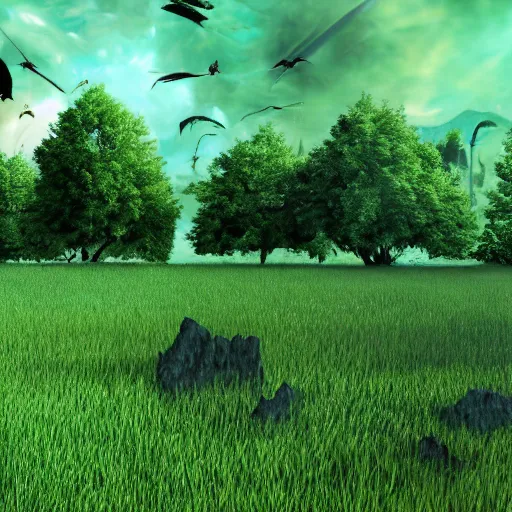 Prompt: a lush green field, with dragons flying overhead, a sense of awe,, monogon, plasma display, glossy, charred, water, ray tracing reflections,