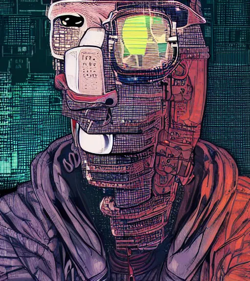 Image similar to a cyberpunk man with a glitching patchwork face of various people, techwear, Industrial Scifi, detailed illustration, character portrait, by Martin Grip and Moebius