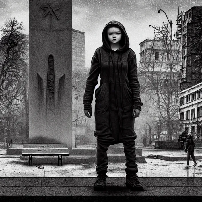 Image similar to storyboard : sadie sink in hoodie sits on bench in ruined square, pedestrians walk by, soviet monument and propaganda posters. scifi cyberpunk. by gabriel hardman. cinematic atmosphere, detailed and intricate, perfect anatomy