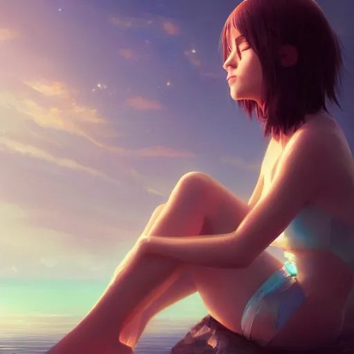 Image similar to woman sitting with her feet in a lake, beautiful and relaxing, very very very long hair, Makoto Shinkai ilya kuvshinov and Wojtek Fus