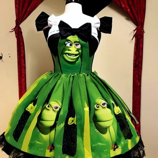 Image similar to A shrek-themed lolita dress; modern japanese fashion