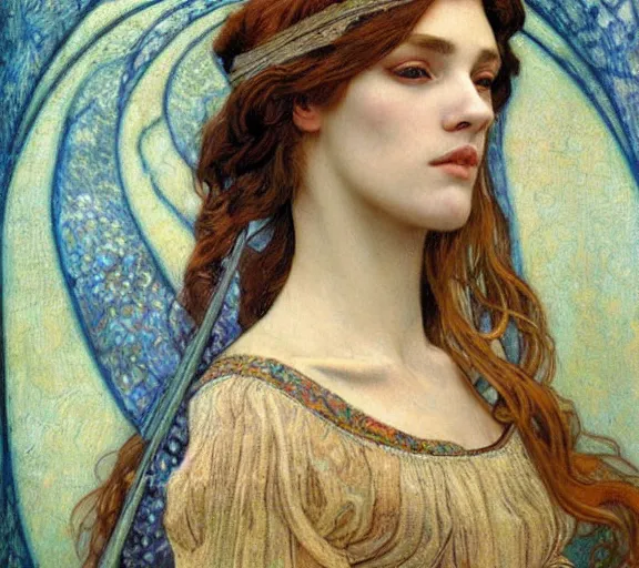 Image similar to detailed realistic beautiful young medieval queen face portrait by jean delville, alphonse mucha, vincent van gogh, and marco mazzoni, art nouveau, symbolist, visionary, gothic, pre - raphaelite
