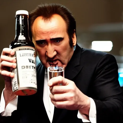 Image similar to Tarantino drinks a bottle of water filled with Nicolas Cage.