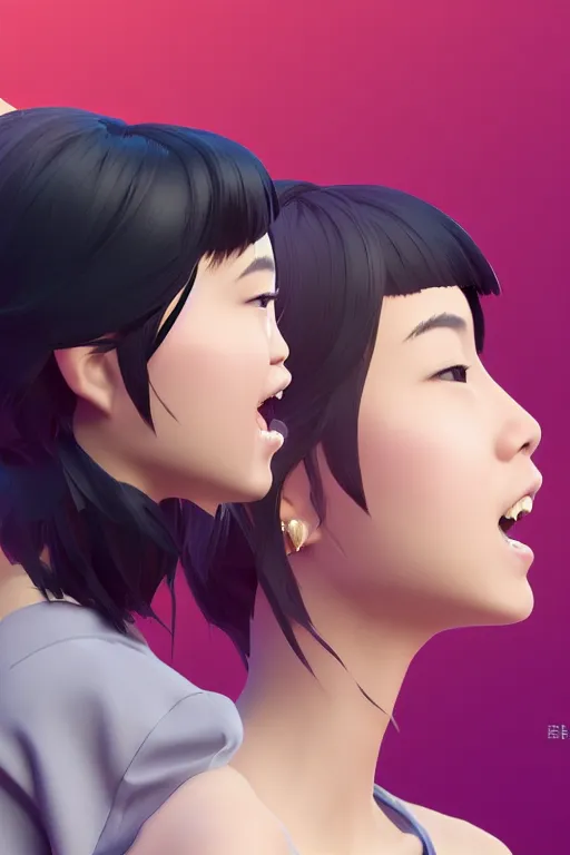 Prompt: a portrait of cute Asian girl singing, short stylish hair in the style of DreamWorks animation, side view, low angle view, 16mm lens, award winning, hyper detailed, studio lighting, artstation, octane renderer, unreal engine