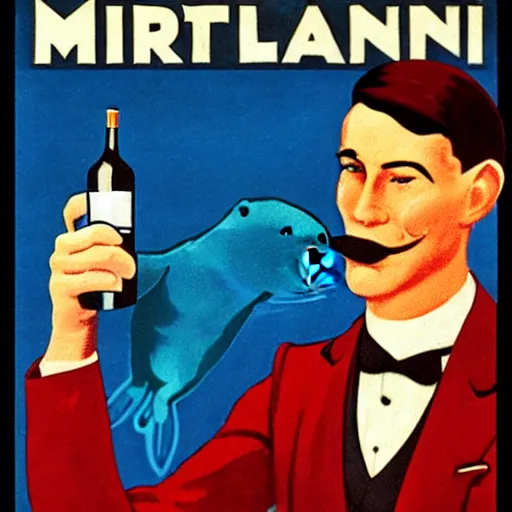 Image similar to a man holding a martini with an otter swimming in it while the otter gives a thumbs up in a 1 9 2 0 s advertisement poster