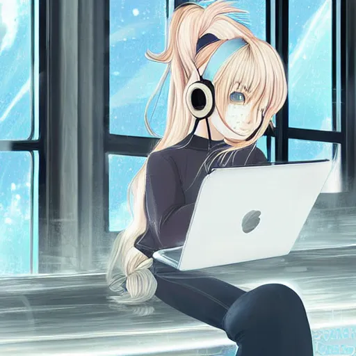 Image similar to a digital painting of a frowning beautiful anime girl with long silver hair with headphones and a face mask in coffeeshop working on her laptop, digital art, backlight, ilya kuvshinov, high detail, blue anime eyes