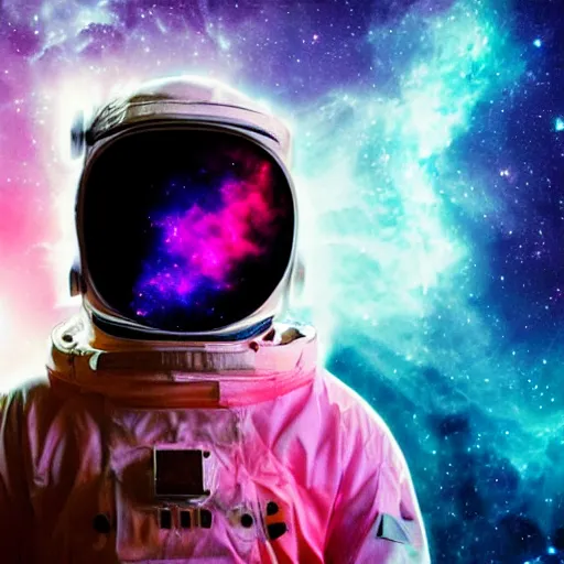 Image similar to modern double exposure monochrome spacesuit over a brilliant iridescent nebula. orange, pink, purple color ombre.