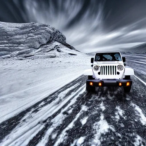 Prompt: white jeep wrangler driving on top of snowy mountain cornice, high quality digital art, dramatic lighting, cinematic, photo realism