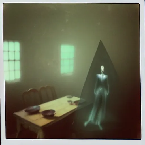 Image similar to coloured atmospheric polaroid photo of a realistic wraith figure in a interior of dining ro! dream coloured atmospheric polaroid photo of a with transparent ghostly banshee corpse body floating in old living room interior - n 9 om low light atmospheric