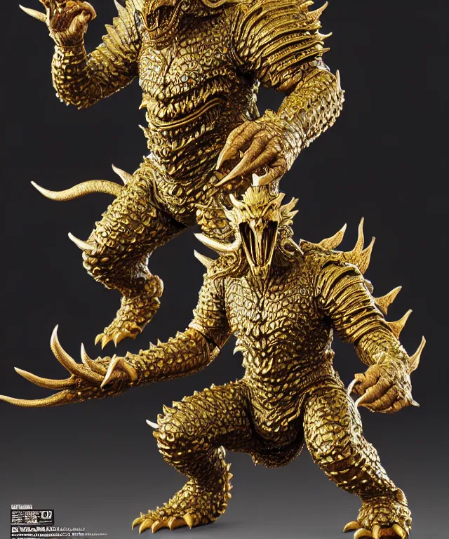 Image similar to hyperrealistic rendering, epic boss fight, ornate king emporer jewel crown war armor battle, kaiju beast god, by art of skinner and richard corben, product photography, collectible action figure, sofubi