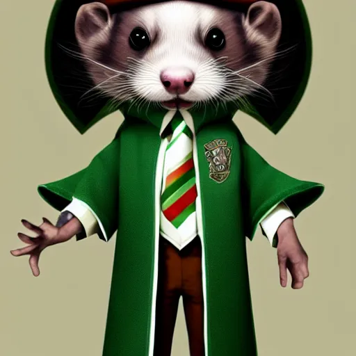 Image similar to a anthropomorphic ferret is dressed as a hogwarts student in slytherin robes, hyperdetailed, artstation, cgsociety, 8 k