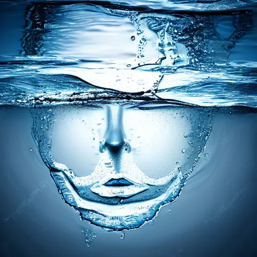 Prompt: water artwork manipulation in the shape of a human head on the ocean, ray tracing, sharp focus, realistic water, long shot