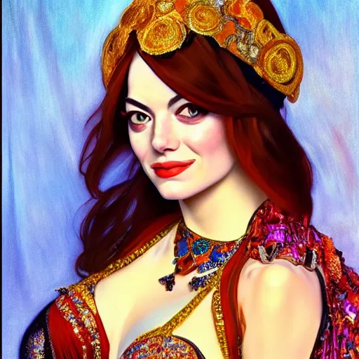 Image similar to a portrait of emma stone dressed as a belly dancer, arabian night, high quality, fully detailed, 4 k, in focus sharp face with fine details, realistic hand details and anatomy, inspired by belly dancer on youtube, alphonse mucha, masterpiece, stunning, artstation