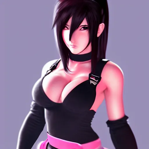 Image similar to digital art of tifa lockhart with pink eyes, trending on artstation