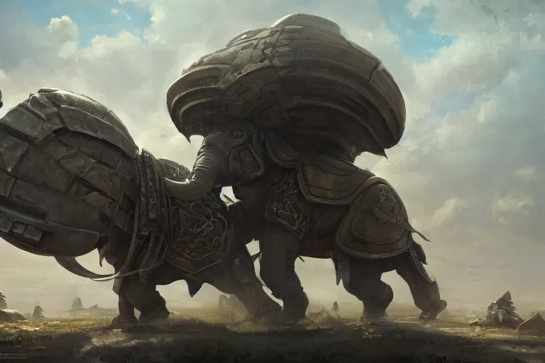 Prompt: an armored battle elephant, sci-fi art, oil painting, trending on artstation, 4k, high quality