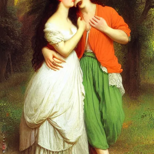 Prompt: young man in orange shirt and young woman in green dress with black hair hugging, by pierre - auguste cot