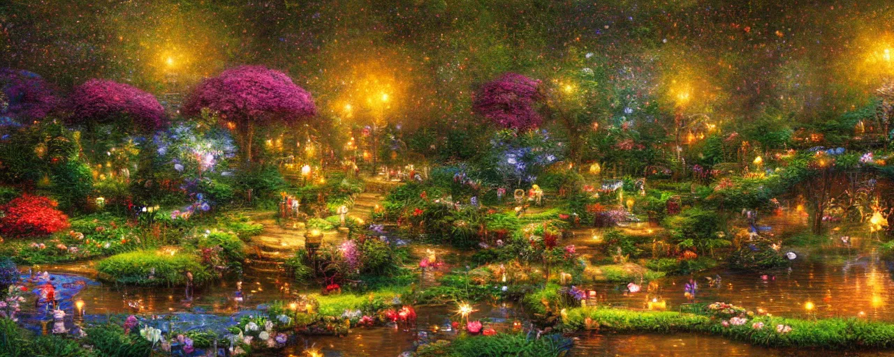 Prompt: a whimsical fairyland with a pond, fireflies, bokeh, thomas kinkade style art