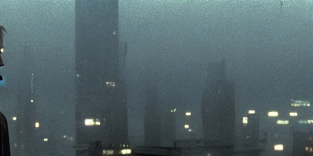 Image similar to beautiful cinematic film still of steve buscemi smoking a cigarette on a building top overlooking the rainy city in blade runner, 4 k